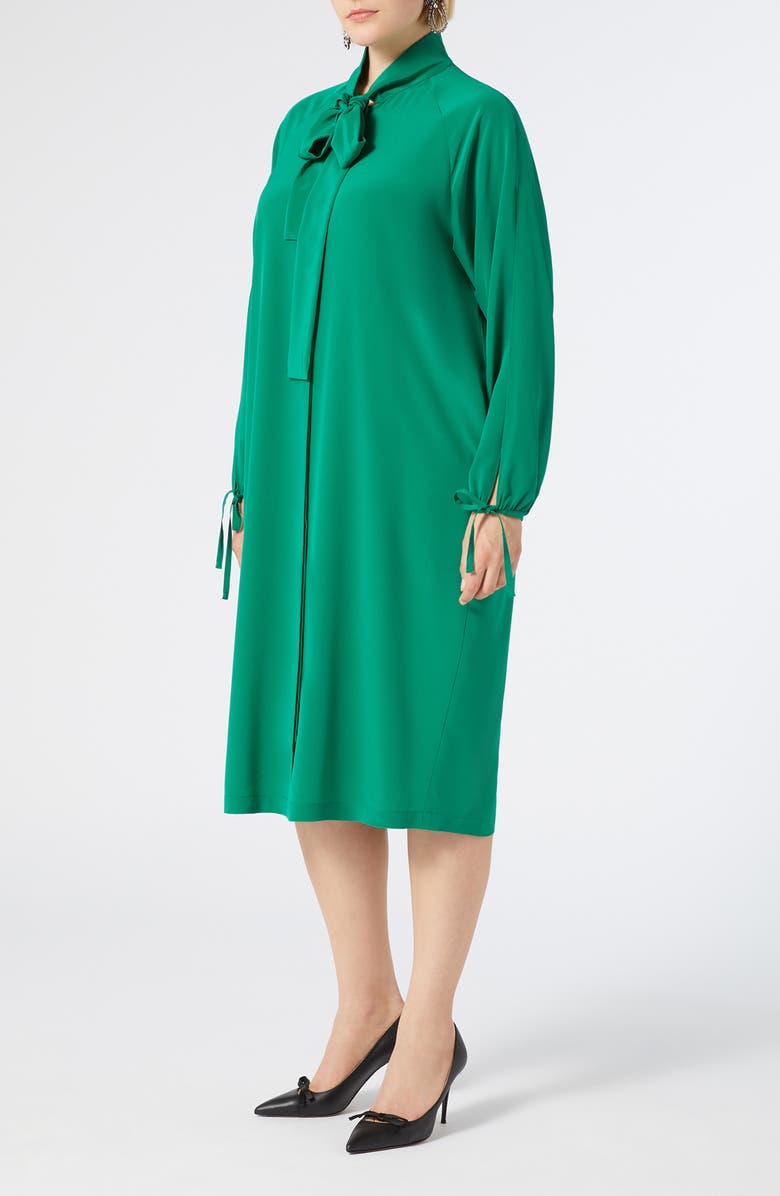 Marina Rinaldi Norel Tie Neck Long Sleeve Silk Midi Shift Dress, Main, color, Emerald