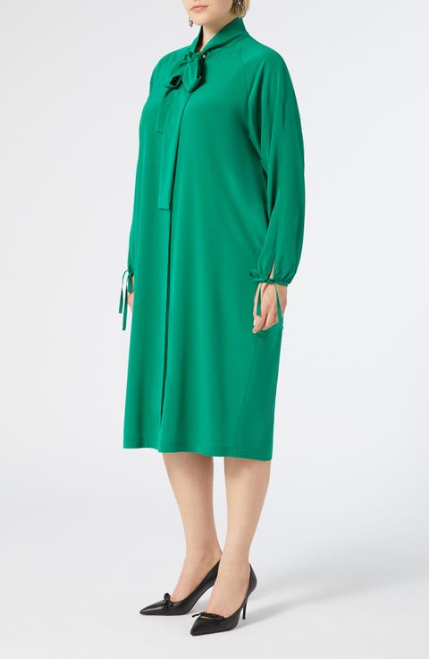 Norel Tie Neck Long Sleeve Silk Midi Shift Dress (Plus)