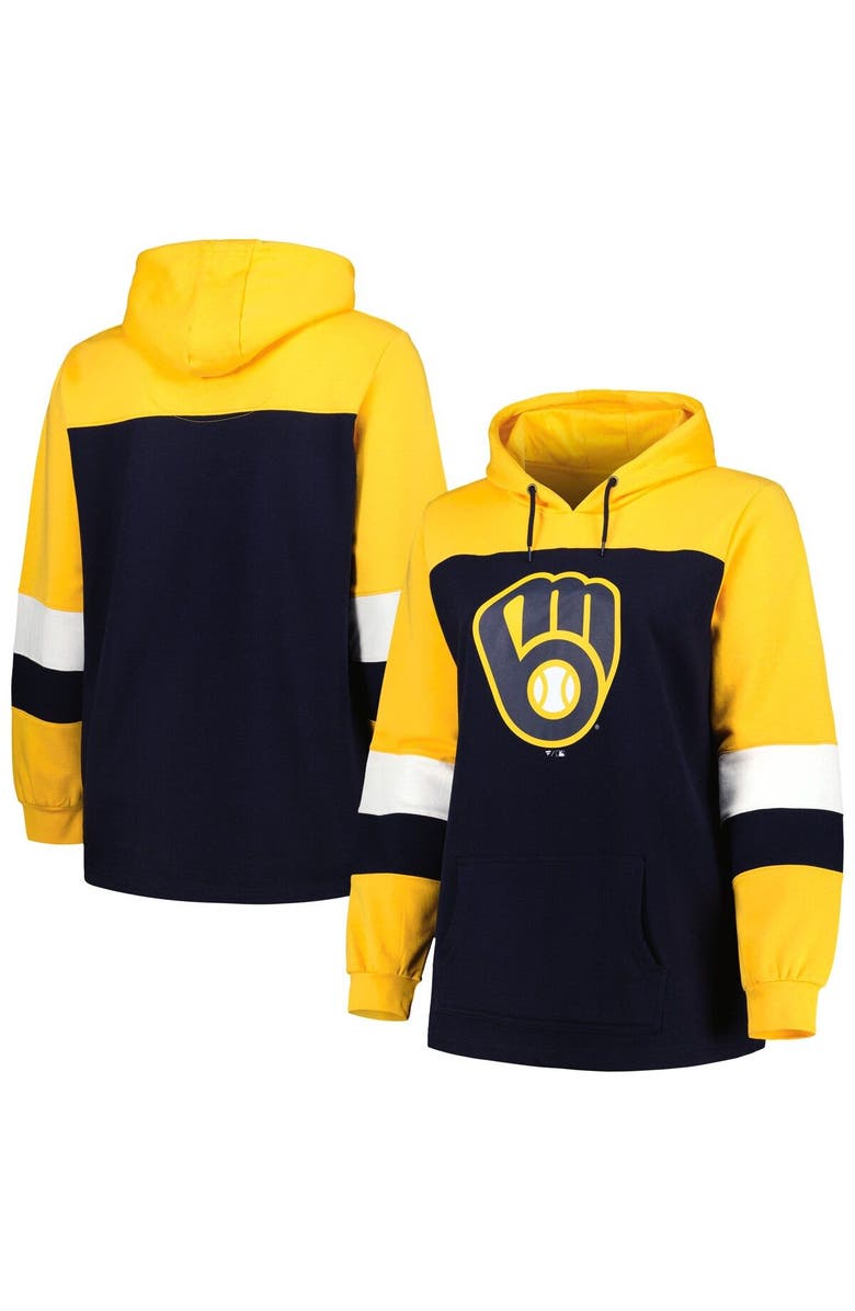 PROFILE Women's Navy Milwaukee Brewers Plus Size Colorblock Pullover Hoodie, Main, color, 