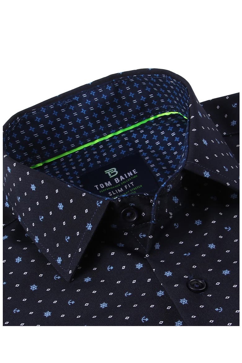 Anchor Print Slim Fit Short Sleeve Performance Stretch Button-Up Shirt, Alternate, color, NAVY BLUE