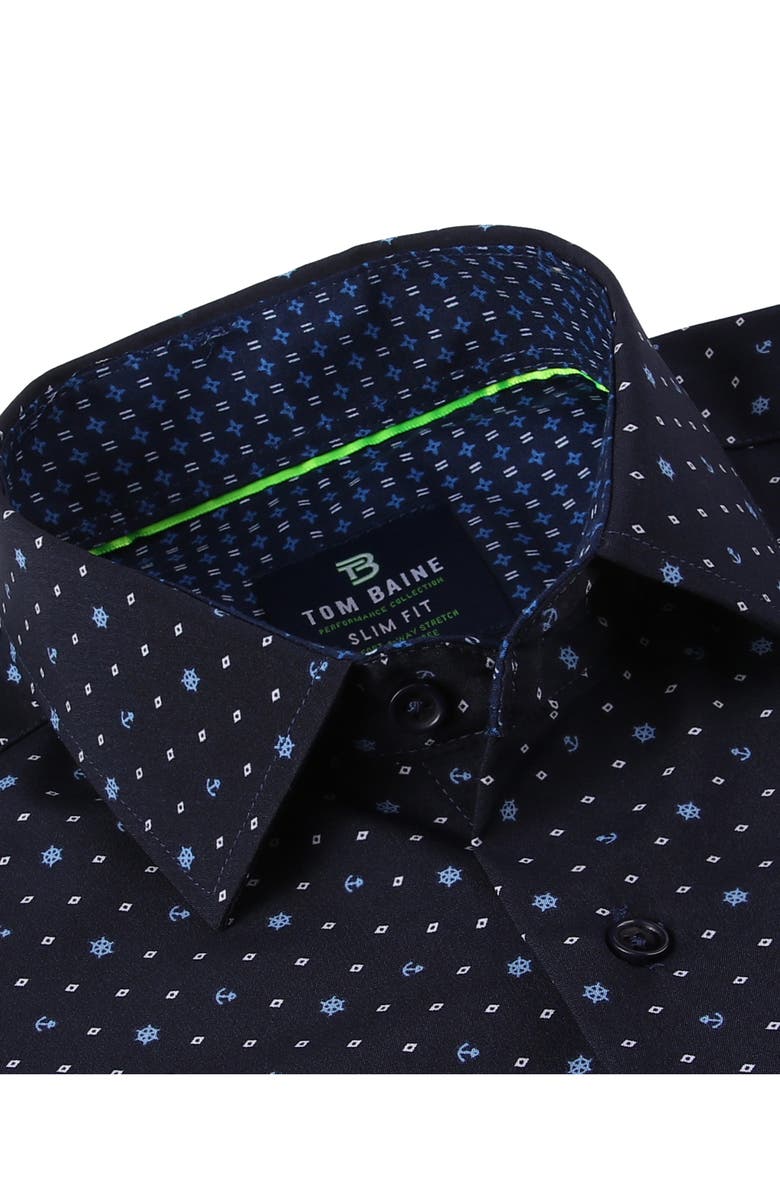 TOM BAINE Anchor Print Slim Fit Short Sleeve Performance Stretch Button-Up Shirt, Alternate, color, Navy Blue