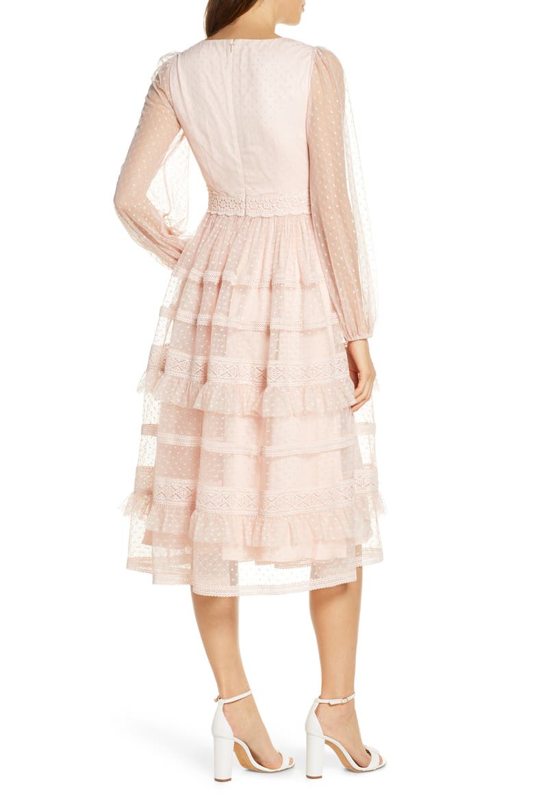 Tiered Ruffle Long Sleeve Lace Midi Dress, Alternate, color, PINK PEACH