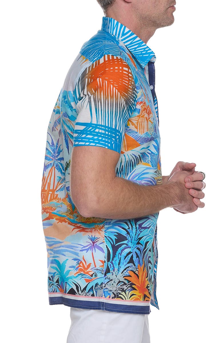 RANEES Resort Extra Trim Fit Short Sleeve Linen & Cotton Button-Up Shirt, Alternate, color, Blue