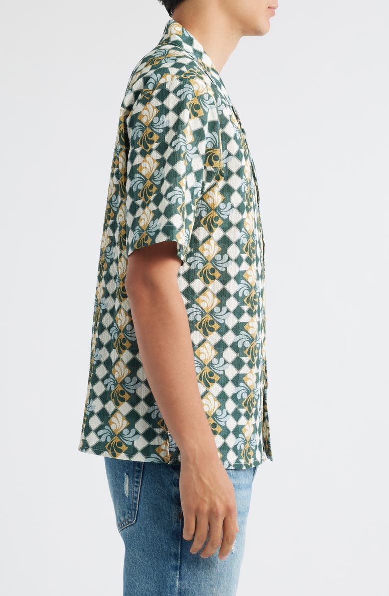 Wax London Didicot Geo Print Cotton Seersucker Camp Shirt, Alternate, color, Green / Blue