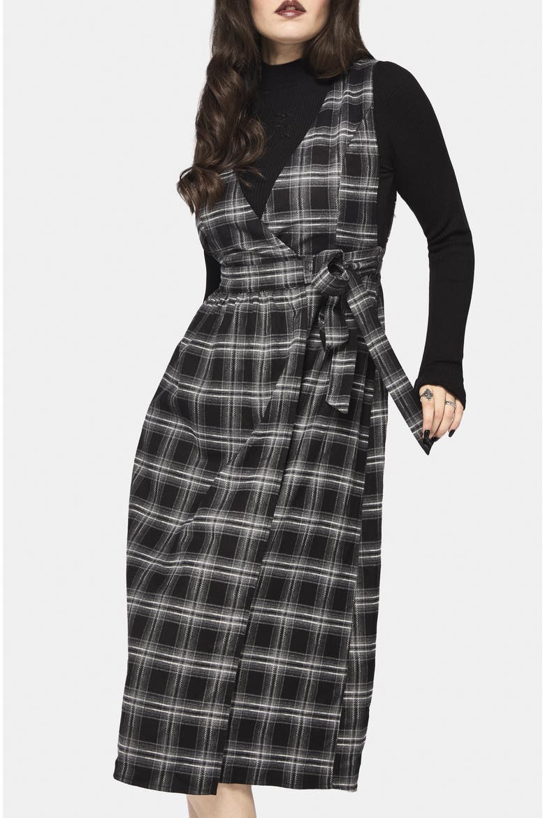 Lochan Check Wrap Pinafore Midi Dress, Alternate, color, Black