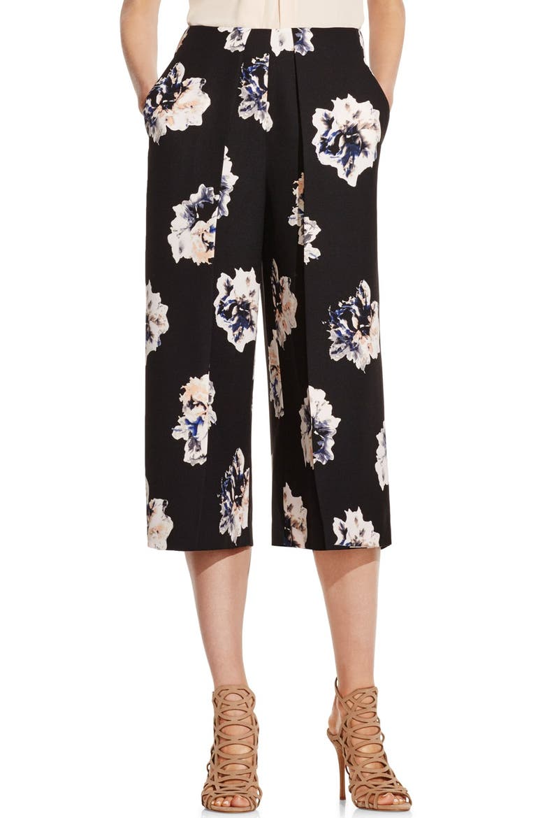 'Duet Floral' Print Culottes, Main, color, RICH BLACK