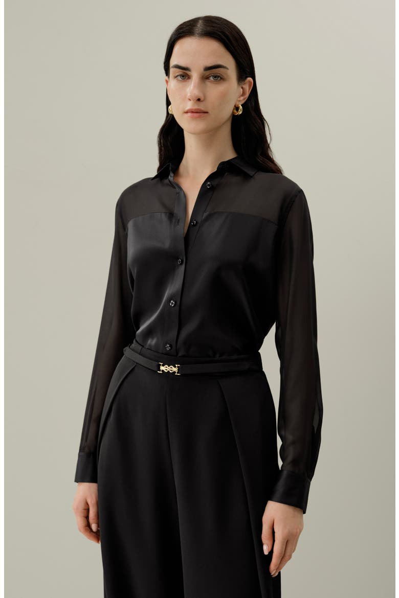 Women's Button Down Silk Organza Shirt, Alternate, color, Black