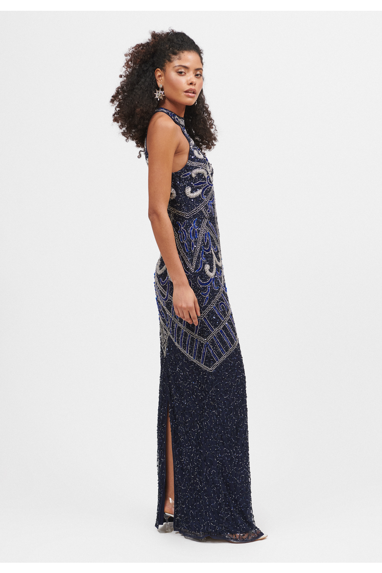 Halterneck Embellished Sequin Beaded Maxi Dress, Alternate, color, MID NIGHT BLUE