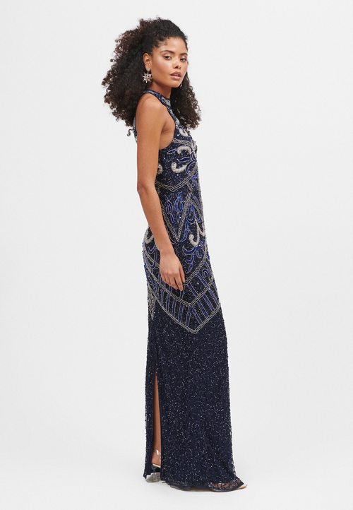 Beauut Halterneck Embellished Sequin Beaded Maxi Dress In Blue