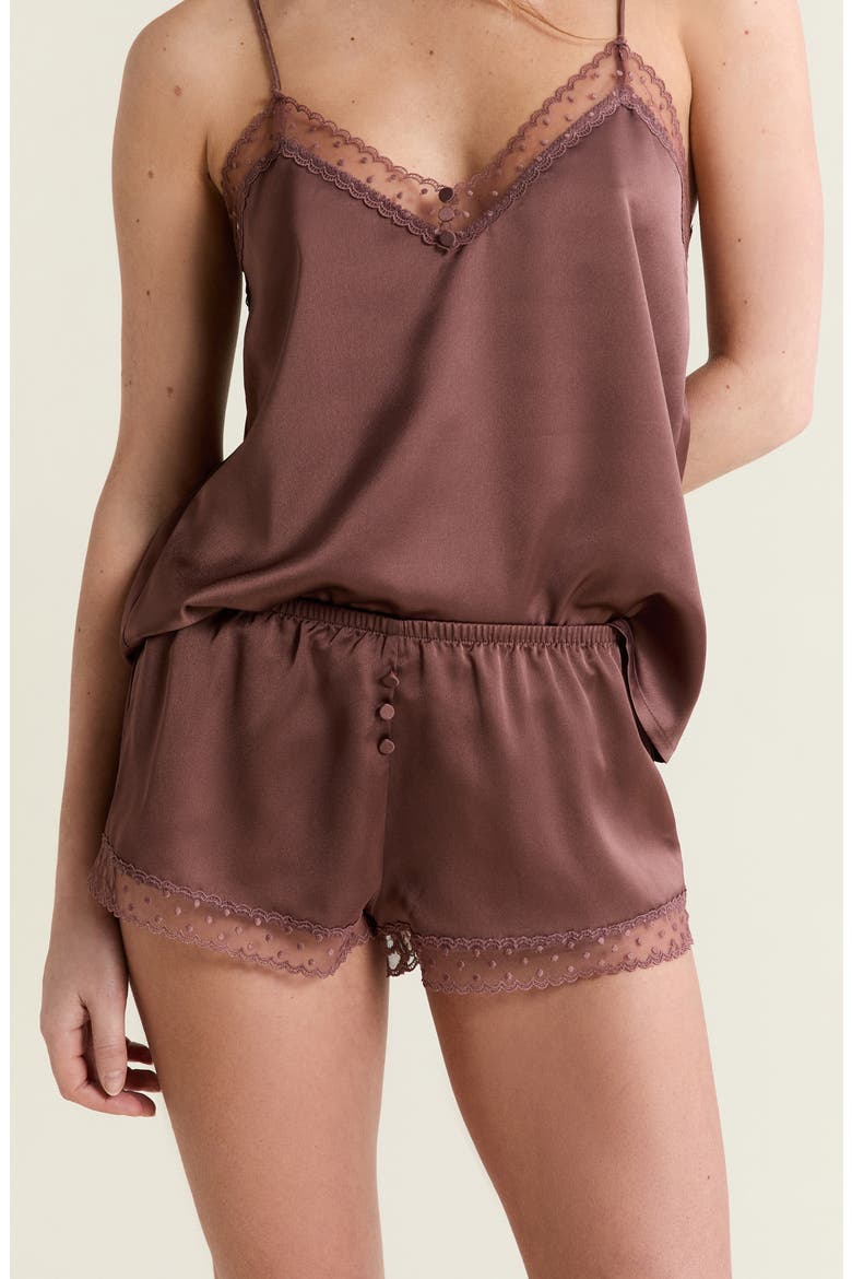 Plume Lace Trim Satin Shorts, Alternate, color, CHOCOLATE