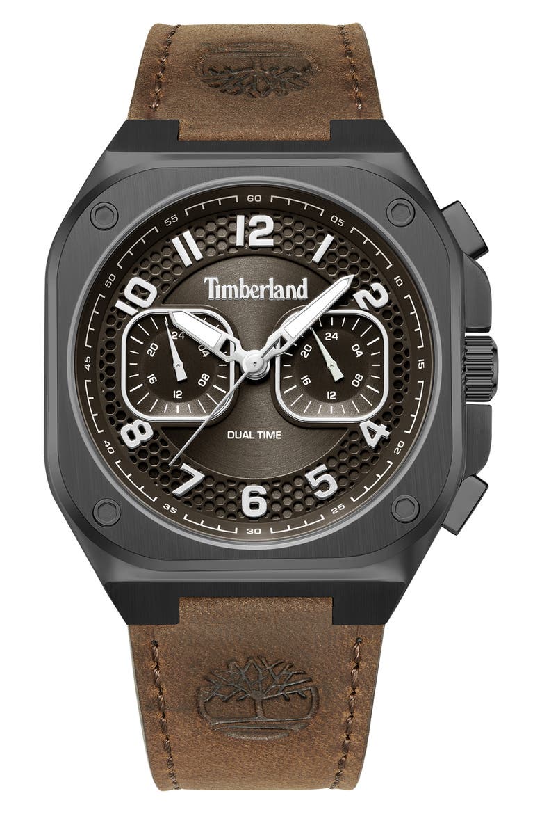 Mackinac Multifunction Chronograph Leather Strap Watch, 44mm x 25mm, Main, color, BROWN