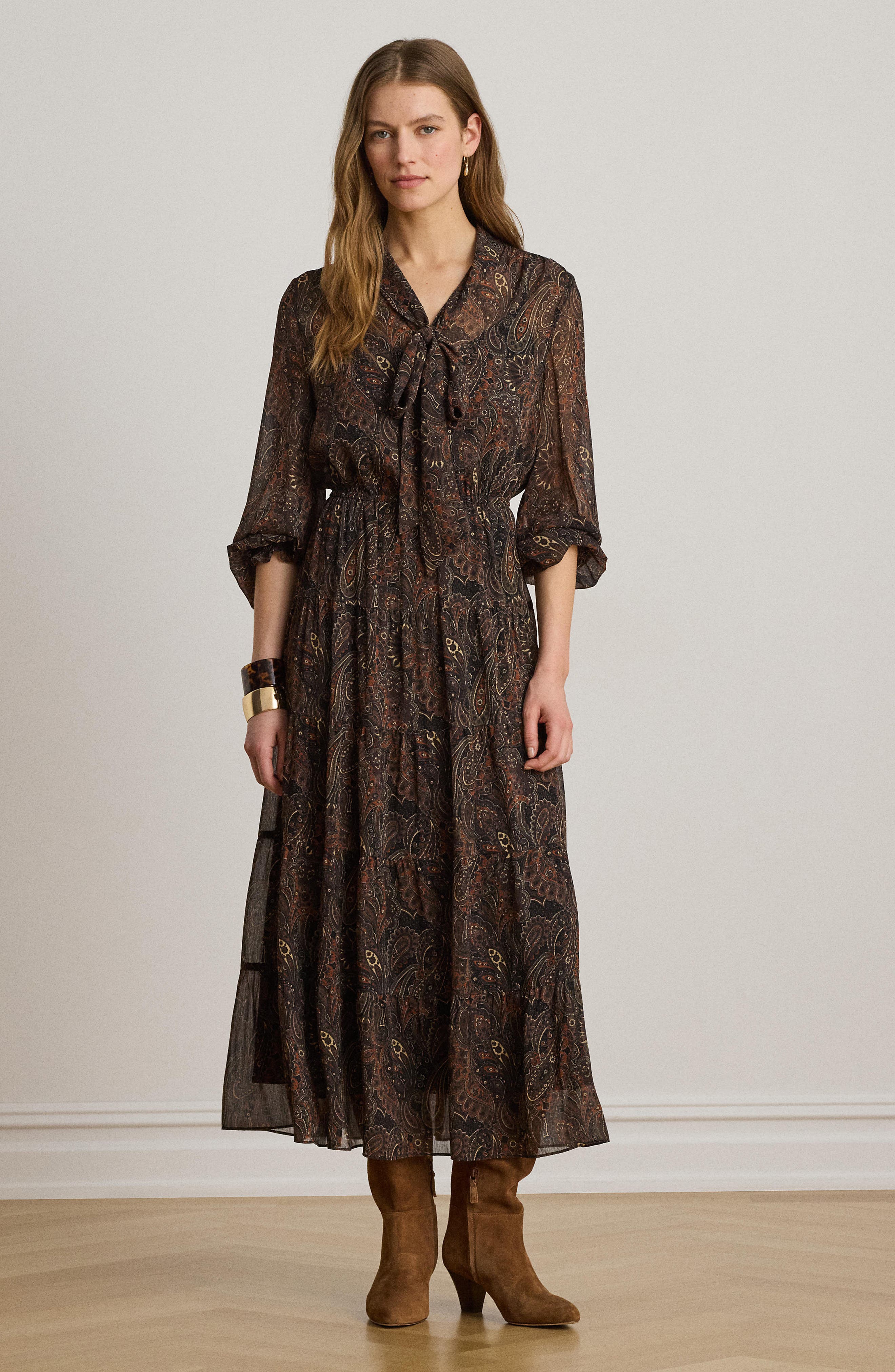 Lauren Ralph Lauren Paisley Crinkle Georgette Tiered Midi Dress