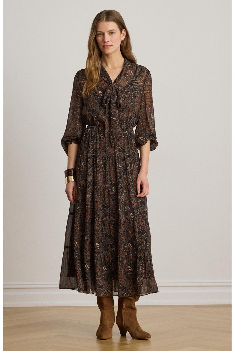 Paisley Crinkle Georgette Tiered Midi Dress, Alternate, color, BLACK/ MULTI