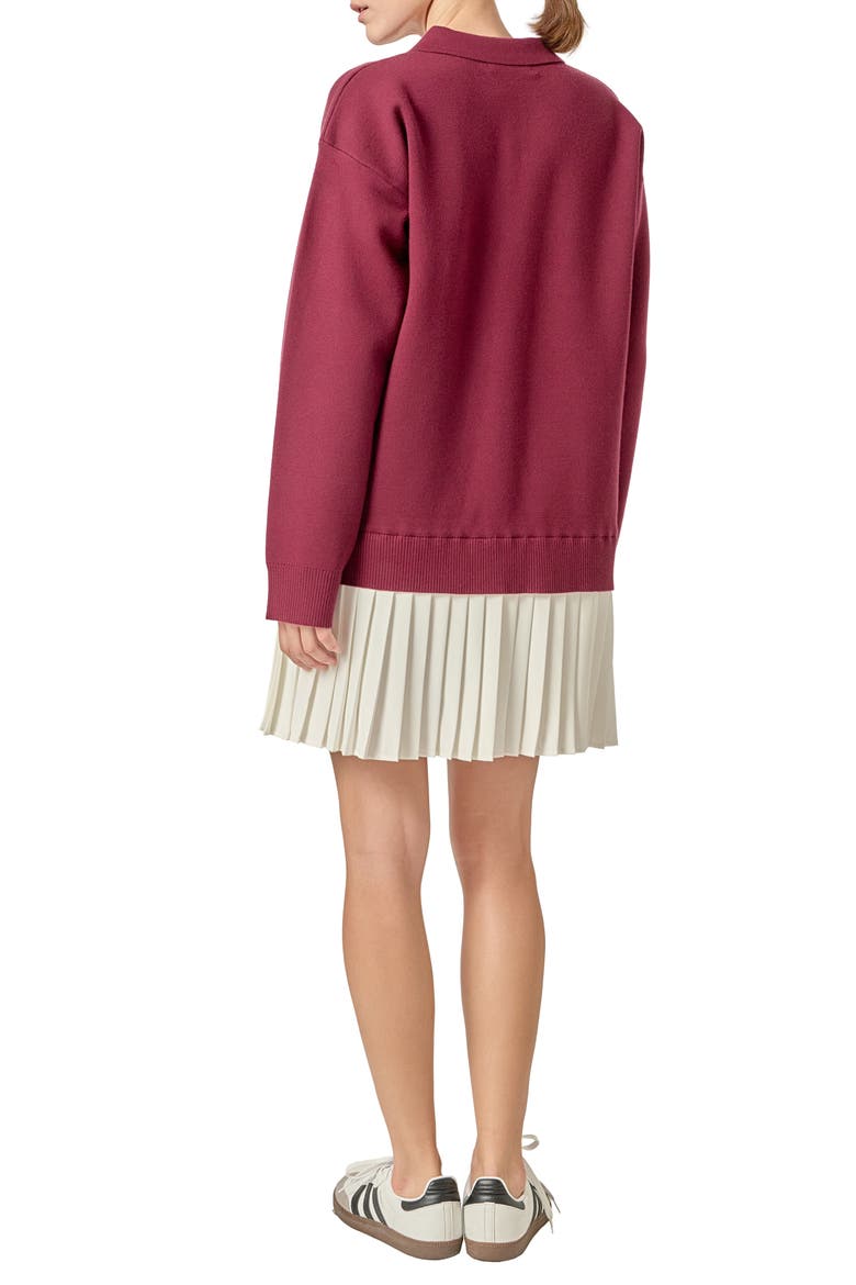 Long Sleeve Mixed Media Polo Minidress, Alternate, color, BURGUNDY/ WHITE