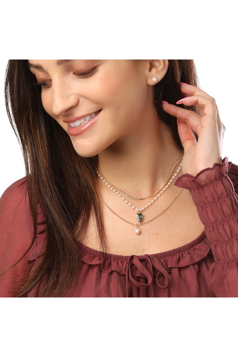 Pearl Earrings and Gold Necklaces Jewelry Set, 4-Piece, Alternate, color, Gold-Tone