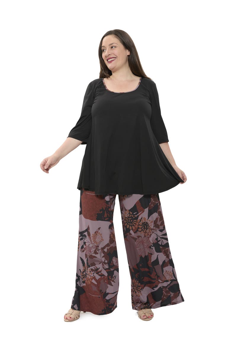 24seven Comfort Apparel Plus Size Floral Print Scoop Neck Elbow Sleeve Swing Tunic Top and Pant Set, Main, color, Brown Multi