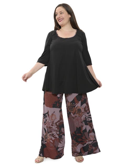 Plus Size Floral Print Scoop Neck Elbow Sleeve Swing Tunic Top and Pant Set