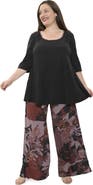 24seven Comfort Apparel Plus Size Floral Print Scoop Neck Elbow Sleeve Swing Tunic Top and Pant Set