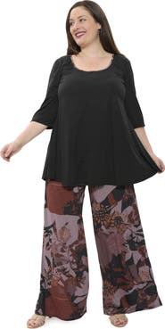 24seven Comfort Apparel Plus Size Floral Print Scoop Neck Elbow Sleeve Swing Tunic Top and Pant Set