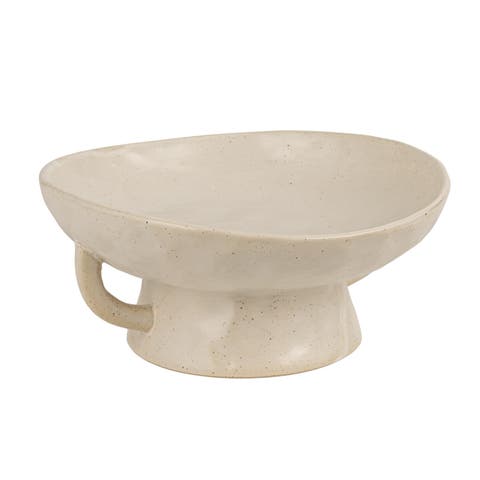 Stoneware Footed Pedestal Bowl with Handles, Reactive Glaze, White