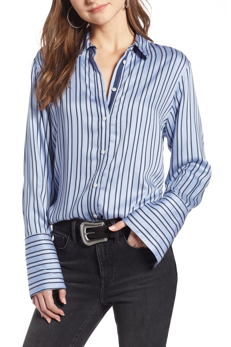 Stripe Satin Boyfriend Top (Nordstrom Exclusive), Main, color, BLUE BRUNNERA STRIPE SATIN