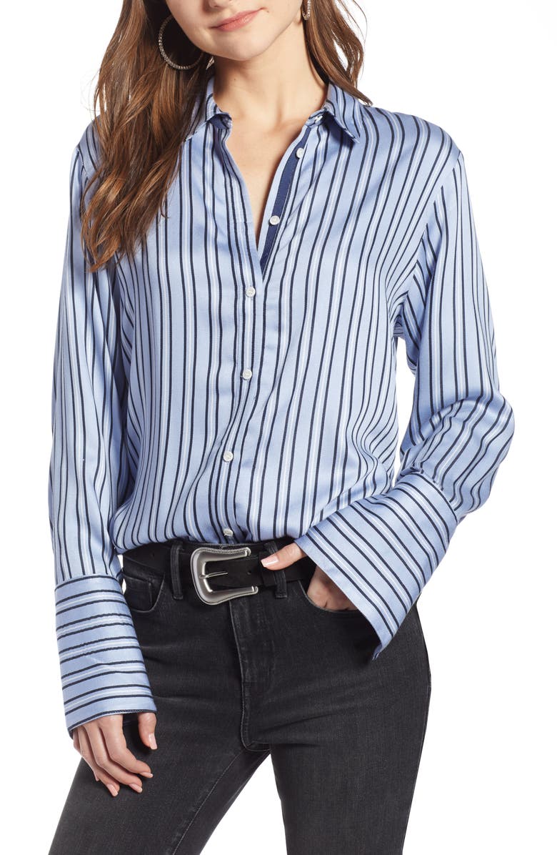 Something Navy Stripe Satin Boyfriend Top, Main, color, 
