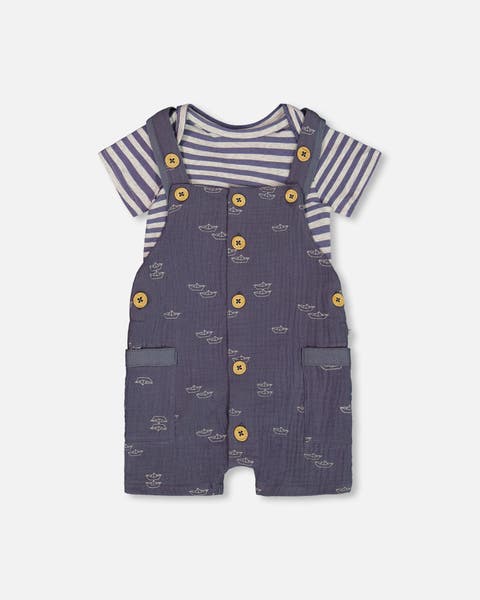 Deux Par Deux Jersey Top & Muslin Pant Set - Printed Blue Stripe Navy Deux Par Deux Jersey Top & Muslin Pant Set - Printed Blue Stripe Navy