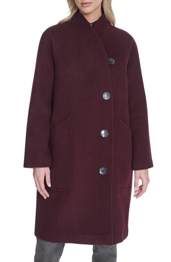 Cole Haan Asymmetric Wool Blend Coat In Burgundy