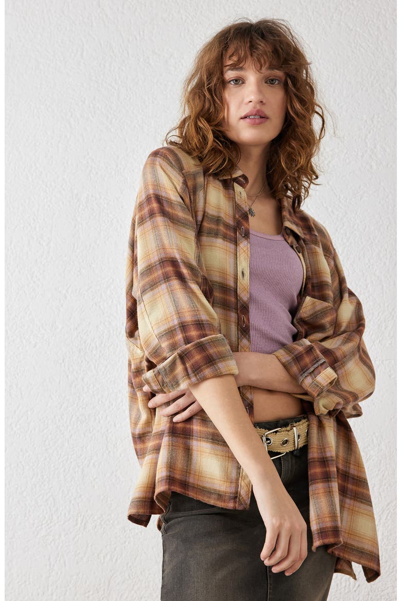 Brendon Plaid High-Low Hem Button-Up Shirt, Alternate, color, BROWN