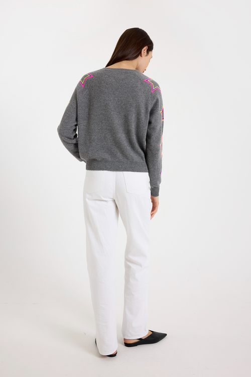 Brodie Pure Cashmere Pop Star Sleeve Crew Neck Jumper In Gray