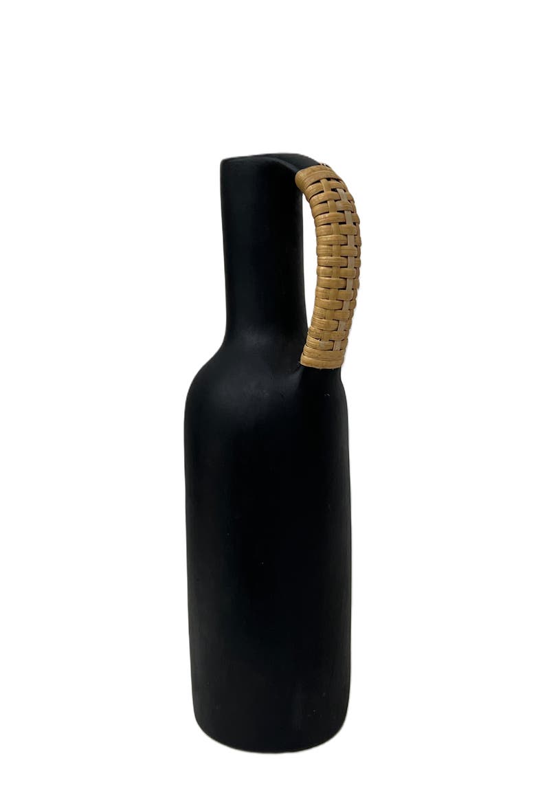 Longpi Black Stone Pottery Vase With Wicker Handle, Main, color, Black
