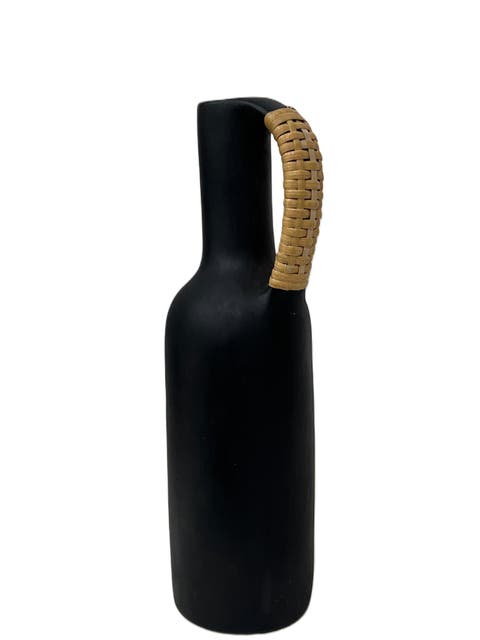 Longpi Black Stone Pottery Vase With Wicker Handle