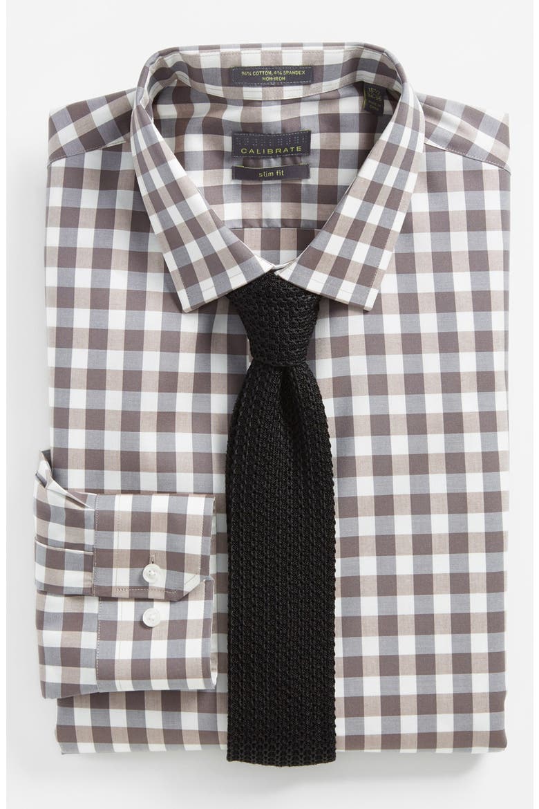 Extra Trim Fit Non Iron Gingham Dress Shirt, Alternate, color, BROWN GREY