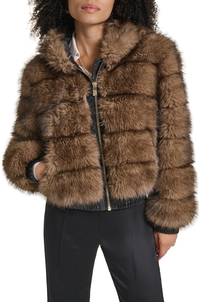 Hooded Grooved Faux Fur Jacket, Main, color, BROWN MULTI