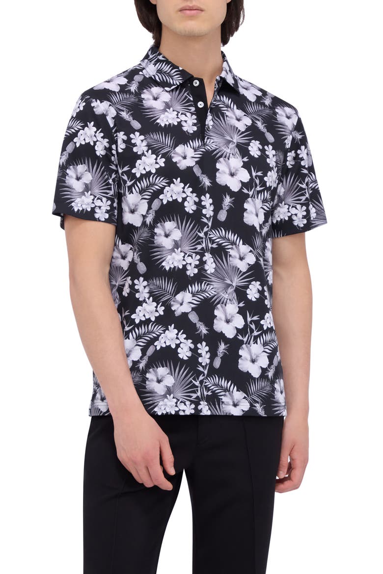 Hendrix Digital Floral Print Pima Cotton Polo, Main, color, BLACK