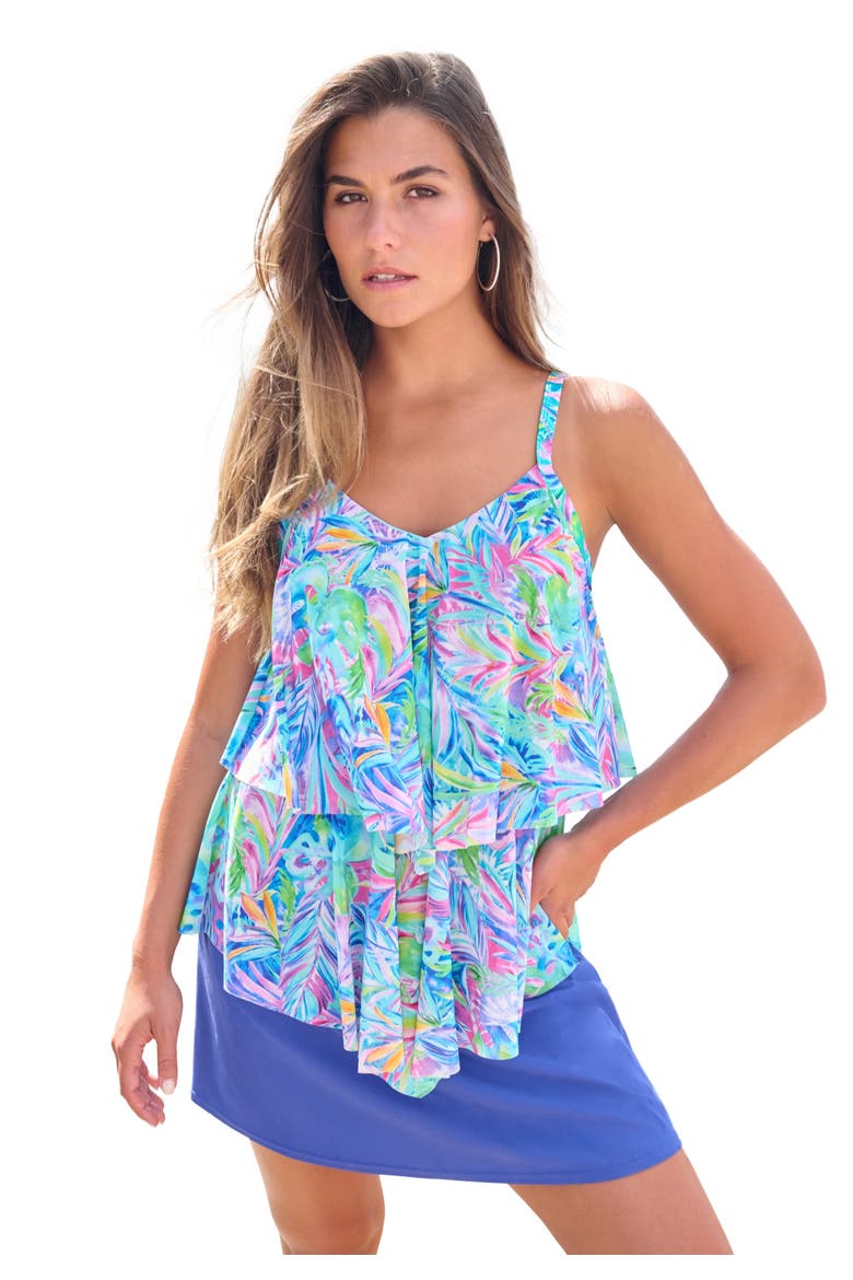 Mesh Double Tier Tankini Top, Main, color, RAINBOW TIE DYE PALM