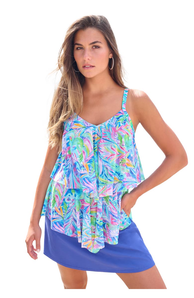 Swim 365 Mesh Double-Tier Tankini Top, Main, color, Rainbow Tie Dye Palm