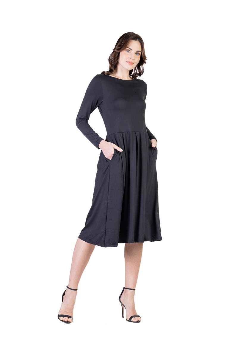 24seven Comfort Apparel Midi Length Fit N Flare Pocket Dress, Alternate, color, Black