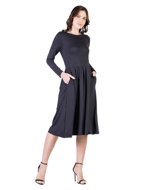 24seven Comfort Apparel Midi Length Fit N Flare Pocket Dress In Black