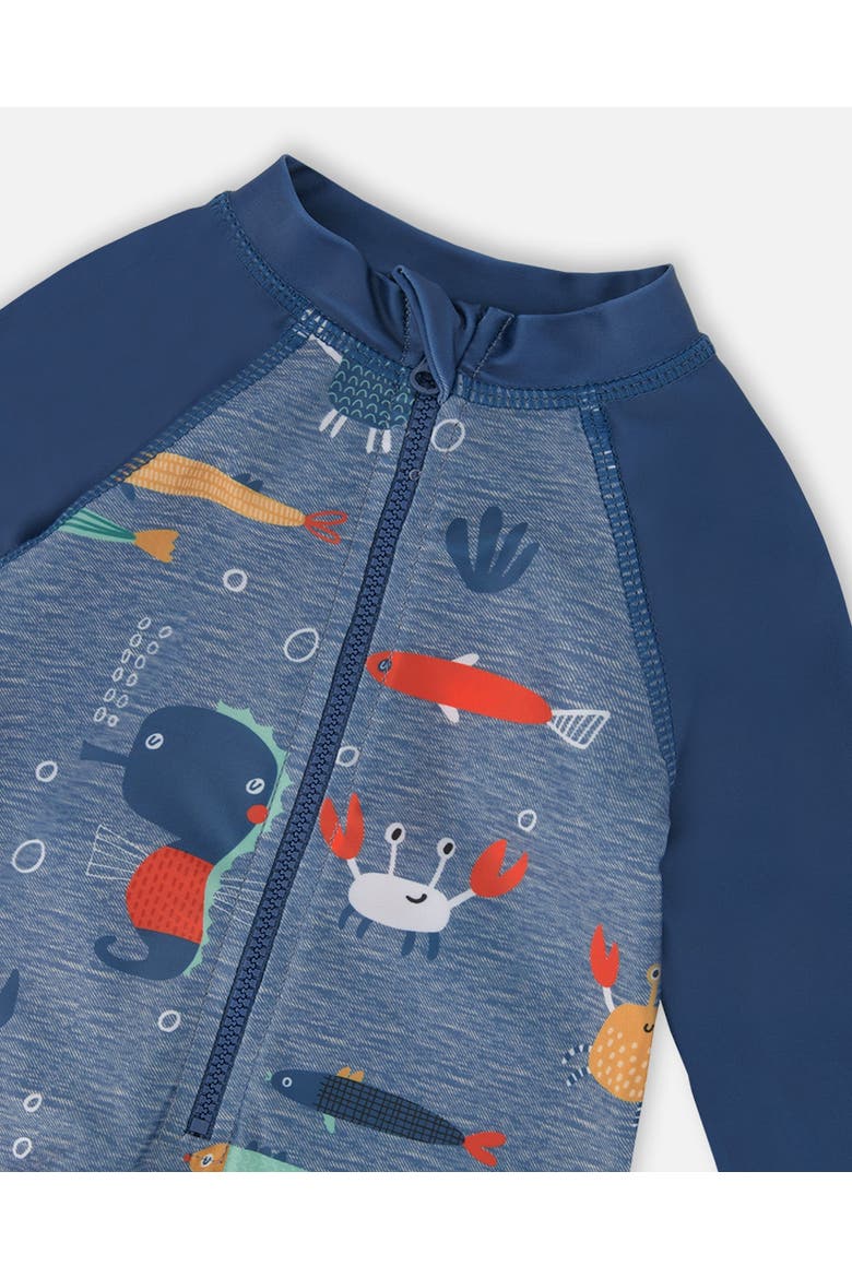 One-Piece Long Sleeve Marine Animals Rashguard, Alternate, color, Blue Printed Marine Animals