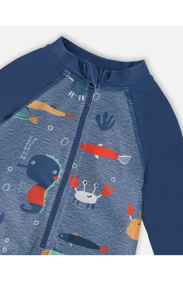 Deux par Deux One-Piece Long Sleeve Marine Animals Rashguard, Alternate, color, Blue Printed Marine Animals
