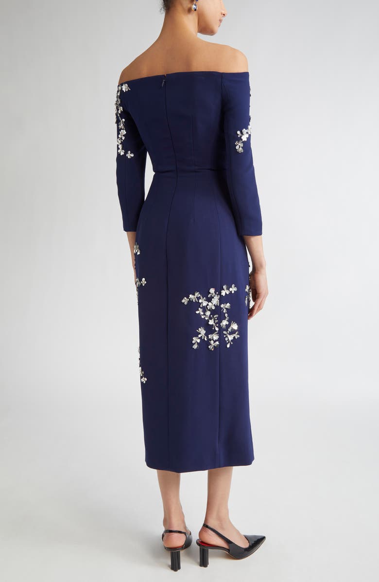 Carolina Herrera Floral Appliqué Off the Shoulder Stretch Crepe Midi Dress, Alternate, color, Midnight