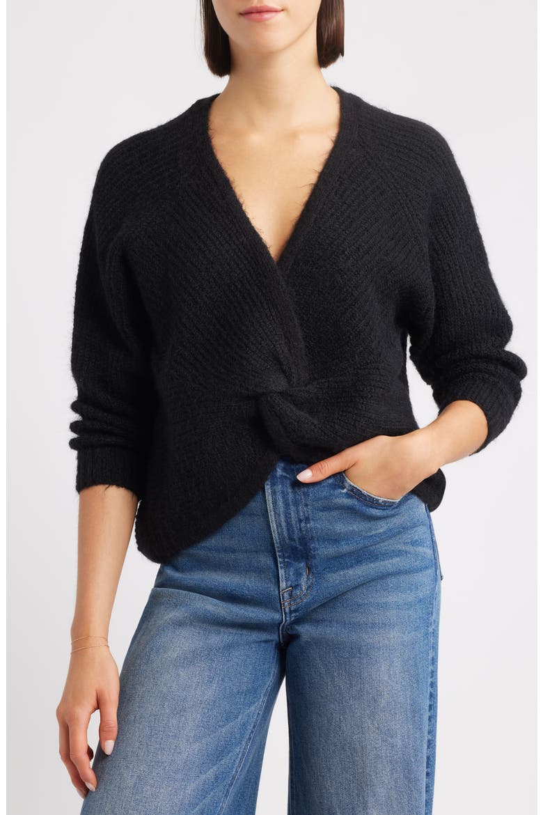 Twist Front Sweater, Main, color, BLACK
