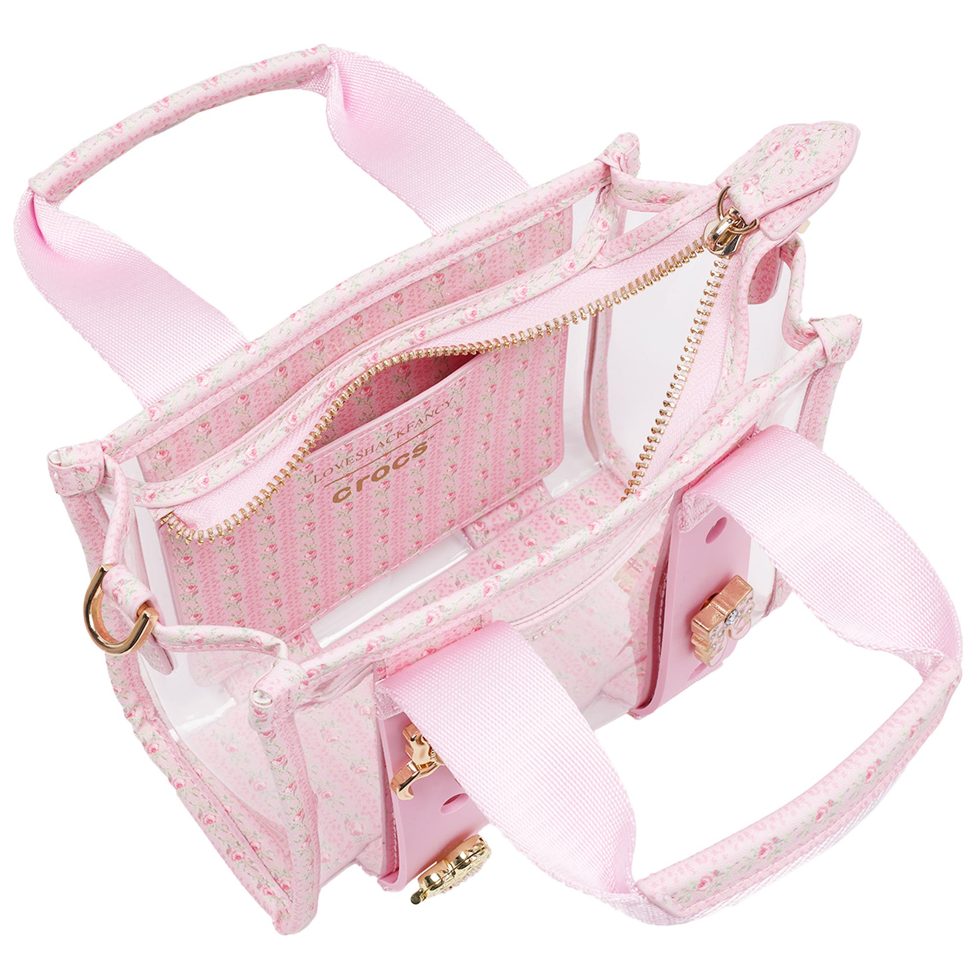 CROCS x LoveShackFancy Clear Mini Tote Crocssbody Bag With Charm details and Dust bag, Alternate, color, 
