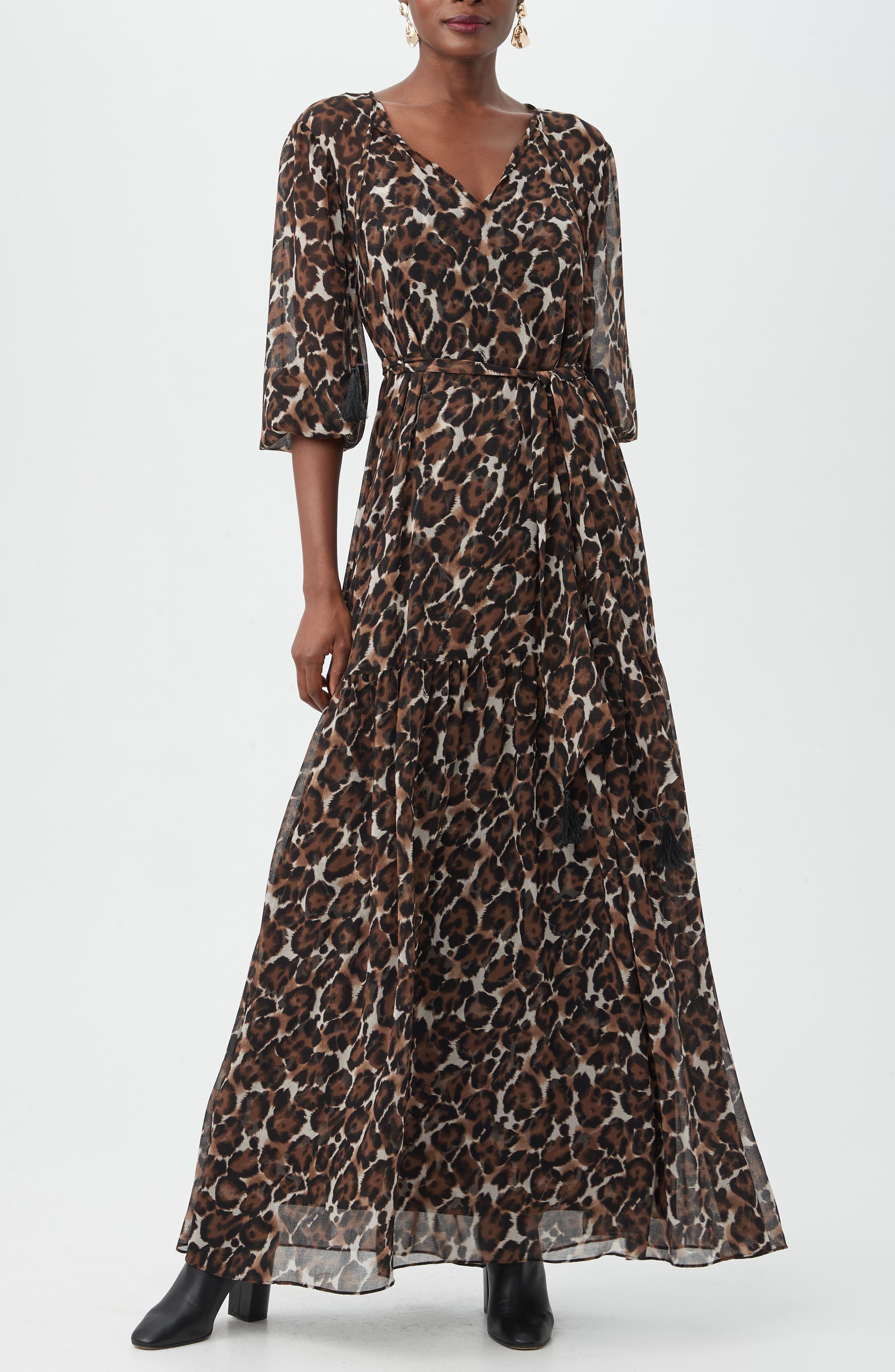 Trina Turk Shalina Leopard Print Balloon Sleeve Chiffon Maxi Dress