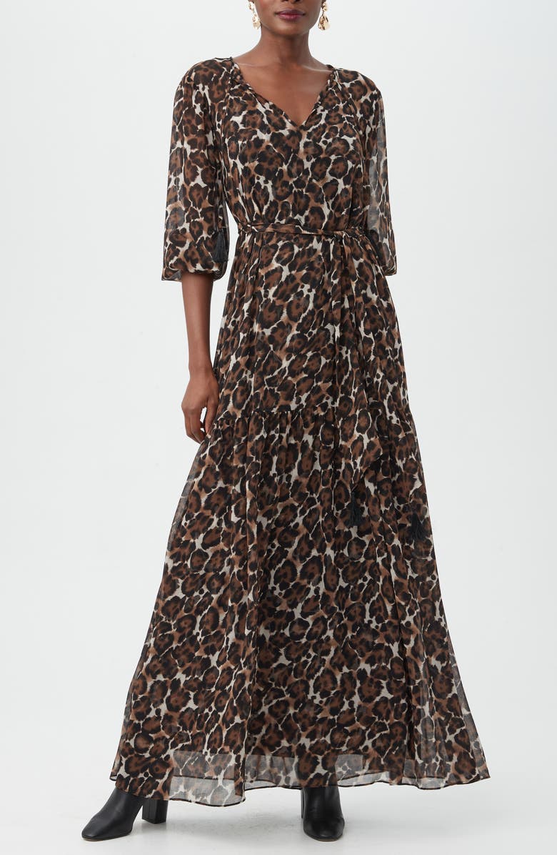 Trina Turk Shalina Leopard Print Balloon Sleeve Chiffon Maxi Dress, Main, color, Multi