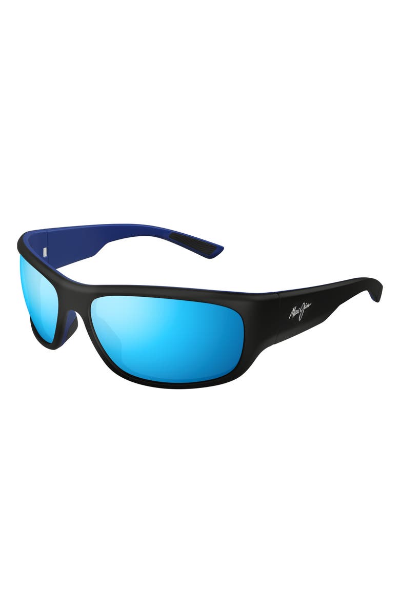Maui Jim Mauklele 64mm PolarizedPlus2<sup>®</sup> Wraparound Rectangular Sunglasses, Alternate, color, Matte Black/ Blue Hawaii