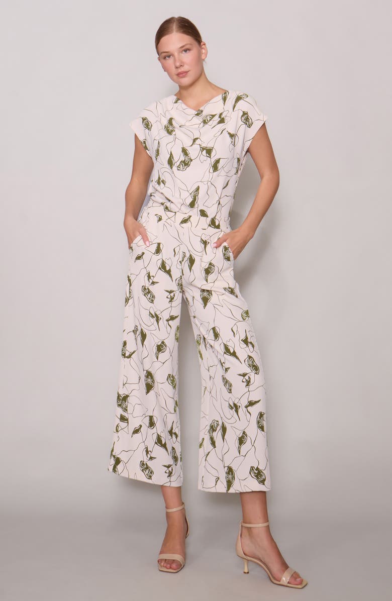 MELLODAY Crepe Wide Leg Pants, Alternate, color, Bone Olive Abstract