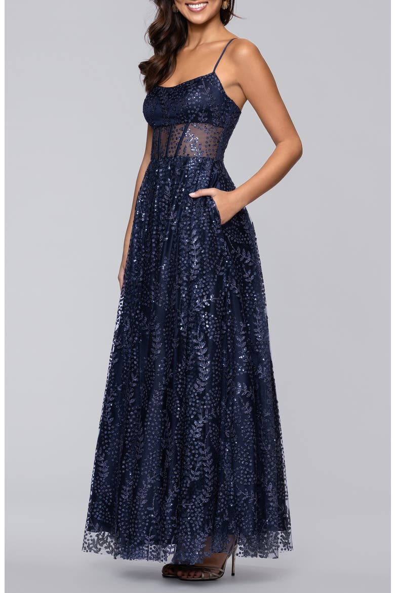 Sequin & Mesh Gown, Alternate, color, NAVY