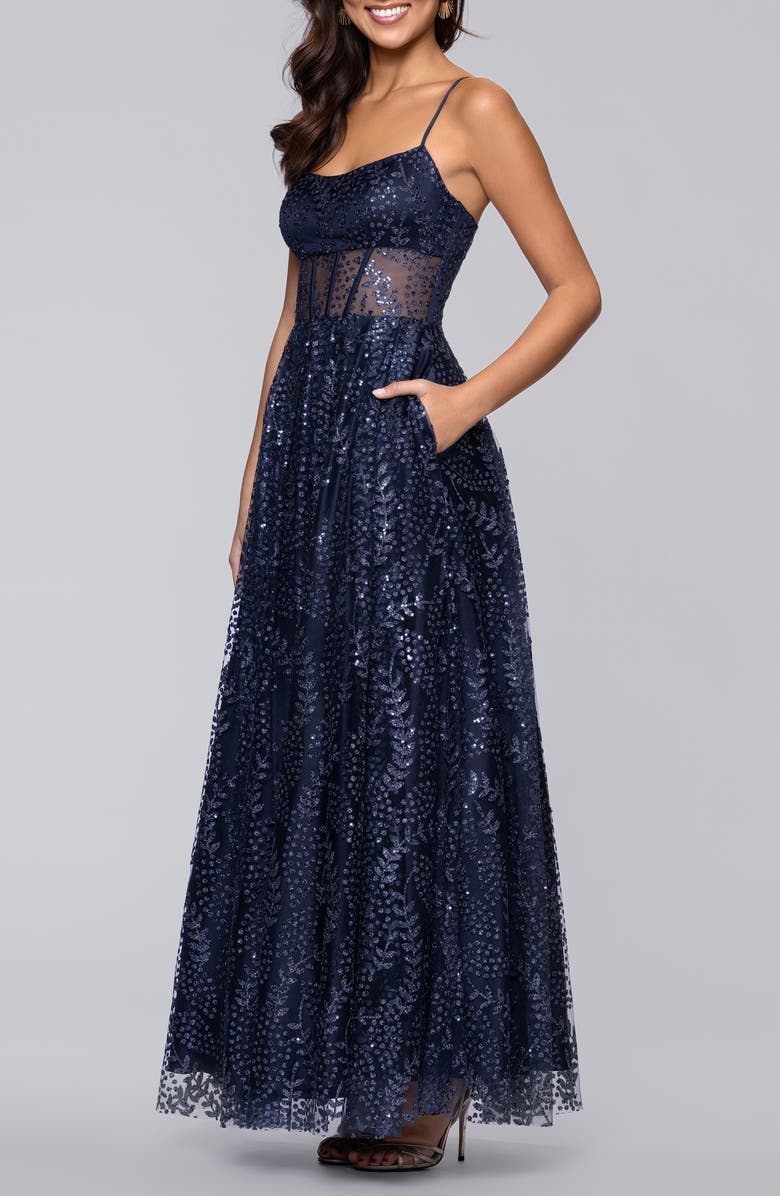 Blondie Nites Sequin & Mesh Gown, Alternate, color, Navy